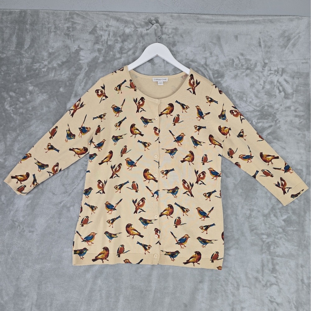 Coldwater Creek Women's Novelty Bird Cardigan Sweater Large Beige 3/4 Sleeve